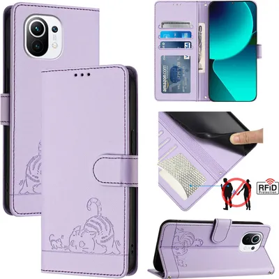 Produktbild von Leder Hülle für Xiaomi Mi 11 Süße Katze Flip Case Brieftasche Schutzhülle mit Standfunktion Lila