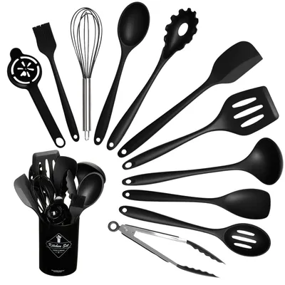 Productafbeelding van VINATO Keukenaccessoires set, 12-delig, van siliconen en roestvrij staal, BPA-vrij, geschikt voor bakken en braden, zwart