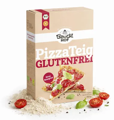 Produktbild von Bauck Mühle Pizzateig Glutenfrei glutenfrei 350 g, Vegan pizza, 1. Den Backofen auf 225 °C vorheizen (Gas: Stufe 4, Umluft 190 °C ). 2. Packungsinhalt in eine..., 339 kcal, 1436 kJ, 0,7 g, 3,5 g