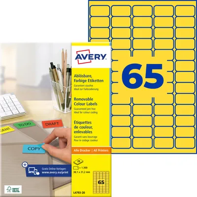 Produktbild von Avery Zweckform L4793-20, Farbige Etiketten, ablösbar, A4, 38,1 x 21,2 mm, 1.300 Etiketten / 20 Bögen, gelb
