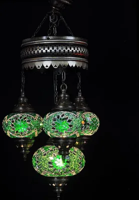 Immagine prodotto di Lampada a sospensione turca a 4 sfere in vetro mosaico verde – lampadari orientali fatti a mano con 4 sfere