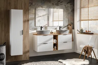 Produktbild von MONTIERT Design Badmöbel Set mit 2 Waschbecken ADEL WEISS 140 cm MDF SOFT-CLOSE komplettes Badmöbel Set