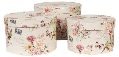 Productafbeelding van Clayre & Eef Opbergboxen, set van 3, afmetingen: Ø 24x16 cm / Ø 22x15 cm / Ø 21x13 cm, beige karton, bloemenprint