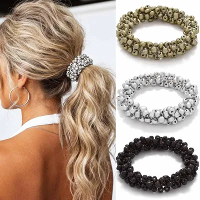 Produktbild von Haargummis mit Perlen und Strass, Pferdeschwanzhalter, 3 Stück, elastische Haarbänder für Damen in Schwarz, Gold und Silber