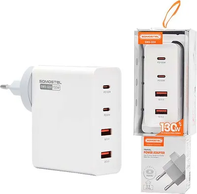 Zdjęcie produktu dla ŁADOWARKA SIECIOWA 130W GaN BIAŁA SOMOSTEL POWER DELIVERY Q24 2XPD + 2XUSB