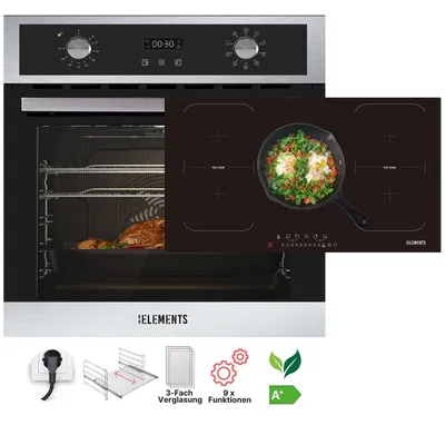 Produktbild von KB ELEMENTS Sparset, Einbauherd Set, Herdset, Induktionskochfeld 5 Kochzonen 90cm 9400 Watt, Einbaubackofen 60cm 70 Liter, EEK A+