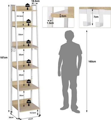 Productafbeelding van Bolt Edge Boekenkasten – Wit/Eikenhout – Industrieel design – 6 planken – 41x187x36 cm