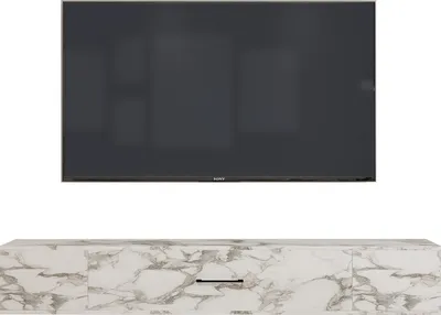 Produktbild von TV Lowboard Acworth Weiß Marmor Optik, Sideboard Holz für Wohnzimmer, TV Tisch mit 1 Türfach und 2 offene Fächer, TV Schrank hängend, 160x30x29,6 cm, 9604