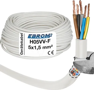 Produktbild von 30 Meter - EBROM - H05VV-F 5x1,5 mm² PVC Schlauchleitung, weiß - Gerätekabel, flexible Leitung, 5G1,5 mm2 Kunststoffschlauchleitung, Kabel für Haushaltsgeräte, Stromleitung, Stromkabel