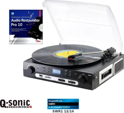 A turntable with a vinyl record playing, next to a software box, with logos and text overlays.