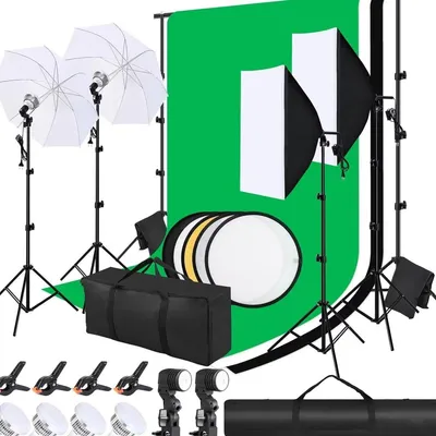 Image de Kit de studio photo Set Fioren – Softbox, lampes LED et fond vert – Système de fond 300 x 200 cm – Kit complet avec trépieds – Pour la photo et la vidéo