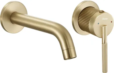 A wall-mounted faucet and its control handle, both in a brushed gold finish, are shown against a white background.