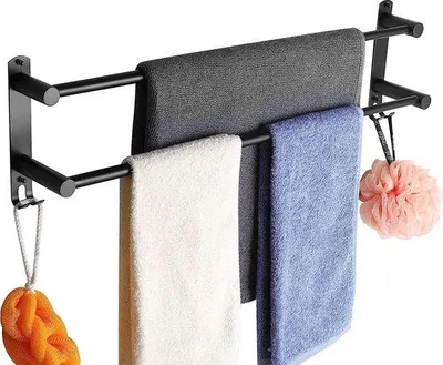 Obrázok produktu pre Uniqoos® Držiak na uteráky na stenu s odkladacou plochou, nastaviteľný od 43 do 78 cm, nerezová oceľ, montáž na stenu bez vŕtania alebo so skrutkami, dvojvrstvový, čierna farba – pre kúpeľňu a kuchyňu