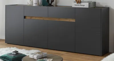 Produktbild von Sideboard "Center" in grau matt mit Wotan Eiche, Kommode 4-türig 220 x 87 cm
