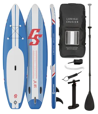Produktbild von CAPITAL SPORTS Lanikai Cruiser 10.8 aufblasbares Paddelboard SUP-Board-Set ,Set: Board + Paddel + Leash + Rucksack + Pumpe ,Cruiser Shape ,Teleskop-Paddel ,330 x 77 x 15 cm ,Board-Material: PVC mit DropStitch Technology ,55 l Transportrucksack ,Reparaturset ,blau gestreift