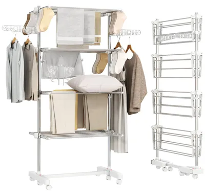 Immagine prodotto di HOMCOM Stendino Verticale in Acciaio e Plastica, Stendibiancheria Pieghevole con 6 Ruote e 4 Ripiani Regolabili, 142x55x172 cm, Bianco e Argento