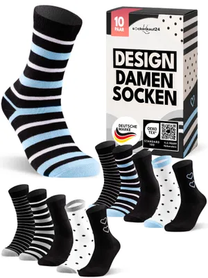 Produktbild von Damensocken Bunt Baumwolle mit Streifen, Herzen, Punkten - 34910-A Blau/Grau 39-42 10 Paar