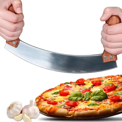 Zdjęcie produktu dla Krajacz nóż do pizzy kołyskowy do ziół warzyw czekolady podwójne ostrze stal nierdzewna drewniane uchwyty 24,5 cm