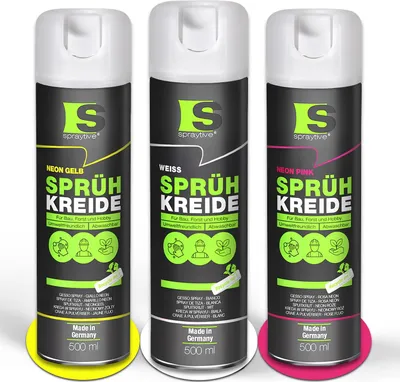Produktbild von Spraytive Sprühkreide 3er Farben Set - 3 × 500ml (Weiß, Neon-Gelb, Neon-Pink) - Markierungsspray Set Abwaschbar & temporär, Kreidespray Outdoor