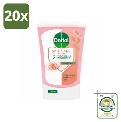 Obrázok produktu pre 20 kusov náplne do dávkovača mydla Dettol bezdotykového typu – vôňa ružovej vody a bambuckého masla – 250 ml – balenie s rezervou – 20 kusov