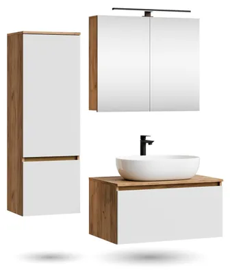 Produktbild von ARISA Badmöbel Set inkl. Hochschrank in Weiß - Mit Spiegelschrank "ARIA" und weißem Keramik-Aufsatzwaschbecken 60 cm
