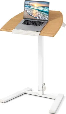 A laptop stand with a wooden top and white base, shown against a white background.