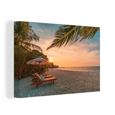 Produktbild von OneMillionCanvasses® - Leinwandbilder - 150x100 cm, Strand - Strandkorb - Sonnenuntergang, Wandbilder Kunstdruck Wanddekoration