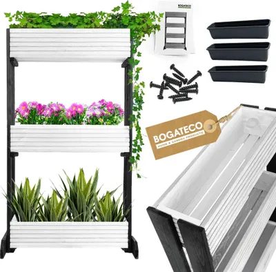 Image de Set de 3 pots de fleurs sur un support | Set de 3 pots de fleurs Pot de fleurs 64x20cm | Pot de fleurs en bois pour tomates et fleurs, pot de plantes pour jardin balcon | 120cm de haut WHITE