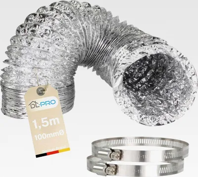 Produktbild von Abluftschlauch 1,5 m, 100 mm, Aluminium, temperaturbeständig, flexibel, 2 Edelstahl-Schellen 91–114 mm
