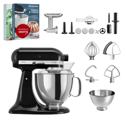 Produktbild von KitchenAid 4,8 L 5KSM175 Artisan Küchenmaschine Meatlover mit Ganzmetall- Fleischwolf Onyx Schwarz