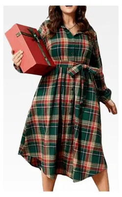 Produktbild von Elegantes Weihnachtskleid für Damen mit V-Ausschnitt und kariertem Design, langärmlig, festlich für Weihnachten