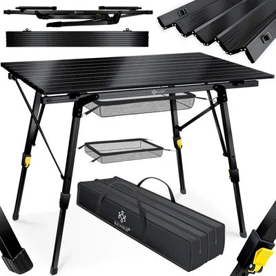 A black foldable camping table with its accessories, including a carrying bag and storage baskets, displayed against a white background.