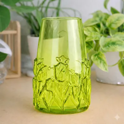 Productafbeelding van Glazen vaas in groen met bloemenmotief, diameter 15 cm