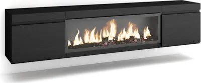 A black wall-mounted cabinet with a built-in electric fireplace.