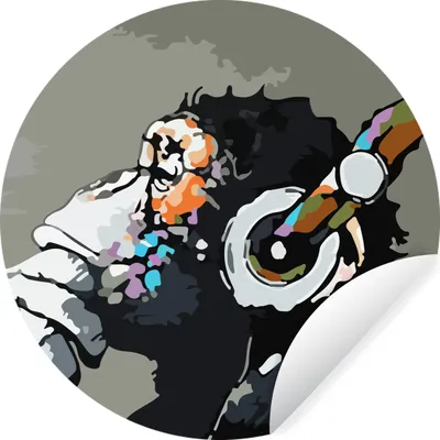 Produktbild von MuchoWow® Runde Wandtattoo - Wandsticker Tapete Aufkleber Gemälde - Ölgemälde - Affe - Kopfhörer Ø 80 cm Selbstklebend und Repositionierbar - Wandaufkleber - Kreis - Mauerkreis - Wand Bilder - Wandsticker - Wohnzimmer Dekoration - Dekoration für die Wände - Aluminium - Babyzimmer