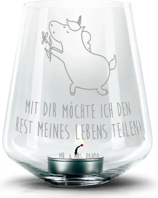 Produktbild von Mr. & Mrs. Panda Windlicht Glas Einhorn Blume - Transparent - Geschenk, Unicorn, Einhörner, Partner, Kerzenhalter, Teelicht, Liebe, Teelichthalter, Heiratsantrag, Freund