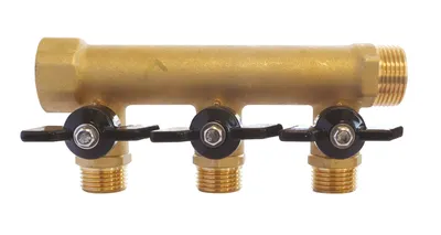 Immagine prodotto di SOMATHERM FOR YOU - Collettore in ottone con mini-valvole integrate - 3 uscite maschio 15/21 - Entrata femmina 20/27 - Uscita maschio 20/27