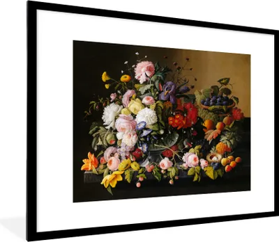 Produktbild von MuchoWow® Gerahmtes Poster Stilleben mit Blumen und Früchten - Kunstwerk - Alte Meister 80x60 cm - Poster mit Schwarzem Bilderrahmen Wandposter Rahmen Foto Bilder - Schlafzimmer-Dekorationen - Fotoposter