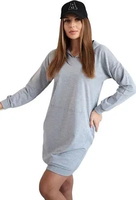 Produktbild von Graues Baumwoll-Kleid mit Kapuze und Kängurutasche, 89 cm Gesamtlänge, passend für S-L