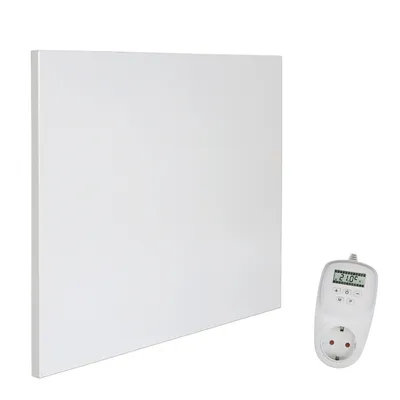A white infrared heater panel and a white thermostat plug are shown against a white background.