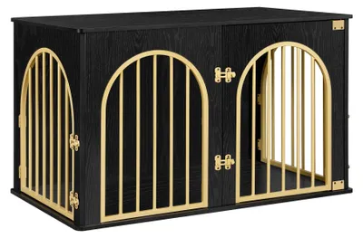 Image de Meuble pour chien - Cage d'intérieur pour chien avec table d'appoint - 100 cm - 3 portes avec entrée en arc - Structure en bois robuste - Noir et or