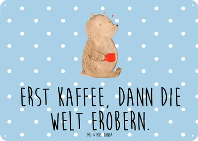 Produktbild von Mr. & Mrs. Panda Wandbild Bär Kaffee DIN A6 - Blau Pastell - Geschenk, Guten Morgen, Schild, Coffee, Retro Blechschild, Teddy, tafel, Motivation, Bären, Blechtafel