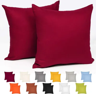 A collage of different colored pillow covers, with two bordeaux colored pillow covers prominently displayed at the top.
