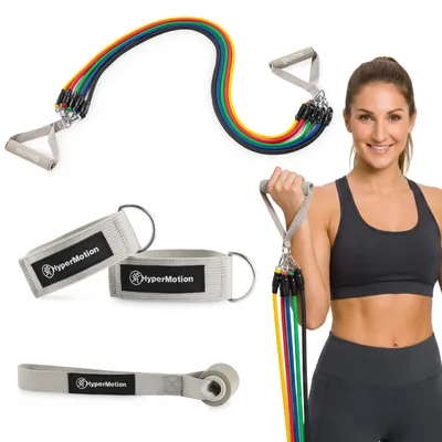Imagen del producto de Conjunto de bandas de resistencia HyperMotion con 5 tubos, anclaje para puerta y mangos para entrenamiento de todo el cuerpo, con resistencia de 4,5 a 45 kg, incluye bucles para los pies y una bolsa