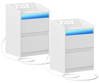 Image de Lot de 2 tables de chevet - Table de chevet avec éclairage LED - Station de recharge avec ports USB et prises électriques - 2 tiroirs - Design moderne - Blanc