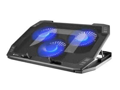 A black laptop cooling pad with three blue LED fans is shown against a white background.