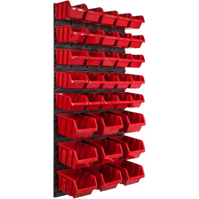 Zdjęcie produktu dla Panel narzędziowy naścienny 57,6 x 117 cm z 34 szt. Pudełka wiszące Czerwone i czarne Pudełka sztaplowane
