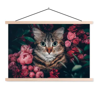 Produktbild von MuchoWow® Textilposter Katze - Blumen - Blätter - Botanisch 150x100 cm mit holzfarbenen Rahmen - Posters