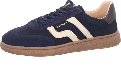 A single blue sneaker with beige accents and a brown sole is shown against a white background.