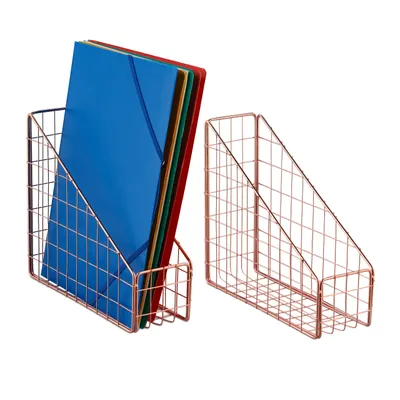 Obrázok produktu pre Relaxdays Stojací organizér, sada 2 ks, A4, mriežkový dizajn, rozmery 23 x 9 x 25,5 cm, kancelária a domáca kancelária, stojací organizér, kov, ružové zlato